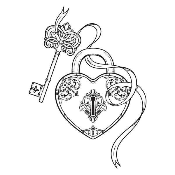 قفل کلید و قلب شکل در صفحه کتاب رنگ‌آمیزی به سبک قدیمی برای کودکان و بزرگسالان با چاپ خط نقاشی خطی یا تصویر برداری طرح خالکوبی