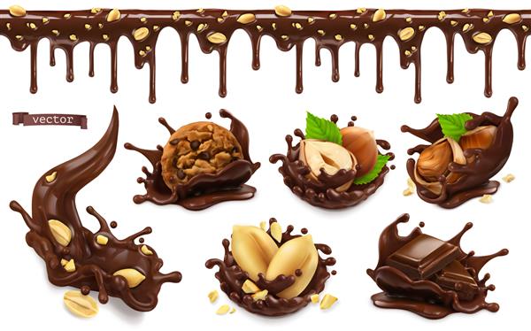 پاشیدن شکلات با بادام زمینی آجیل فندق کوکی های شکلاتی مجموعه اشیاء غذایی واقع گرایانه وکتور سه بعدی