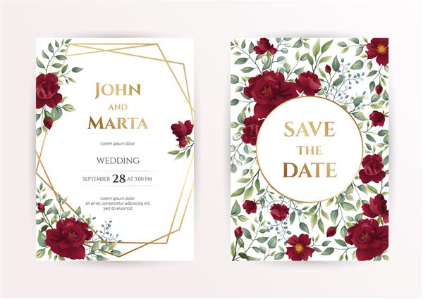 کارت دعوت عروسی با گل رز قرمز آبرنگ برگ و قاب هندسی طلایی الگوهای مرسوم مد روز گل برای بنر بروشور پوستر تبریک تصویر برداری eps10
