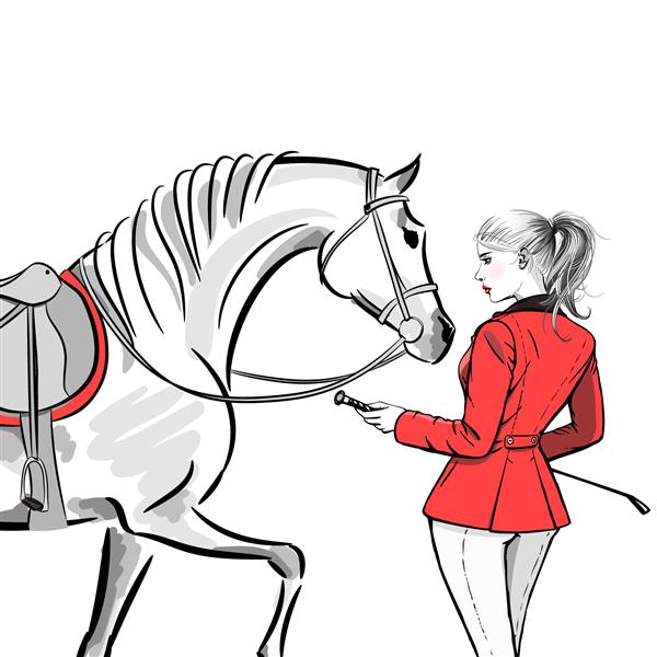 زن مد زیبا با ژاکت قرمز به سبک شکار اسب سواری انگلیسی و اسب با زین نقاشی با دست دختر سوار و درخت وکتور هنر مدل خانم شیک با شلاق و دم مو