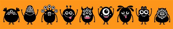خط مجموعه هیولا هالووین مبارک نماد شخصیت خنده دار کارتونی ناز kawaii شکل شبح سیاه سبک اسکاندیناوی مجموعه خنده دار کودک جدا شده پس زمینه نارنجی طرح تخت بردار