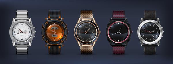 ساعت های مچی واقع گرایانه ساعت های تجاری سه بعدی کلاسیک و مدرن با کرنوگراف دستبند فلزی و چرمی و صفحه های ساعت کاری متفاوت وکتور ست ساعت مردانه به سبک مدرن