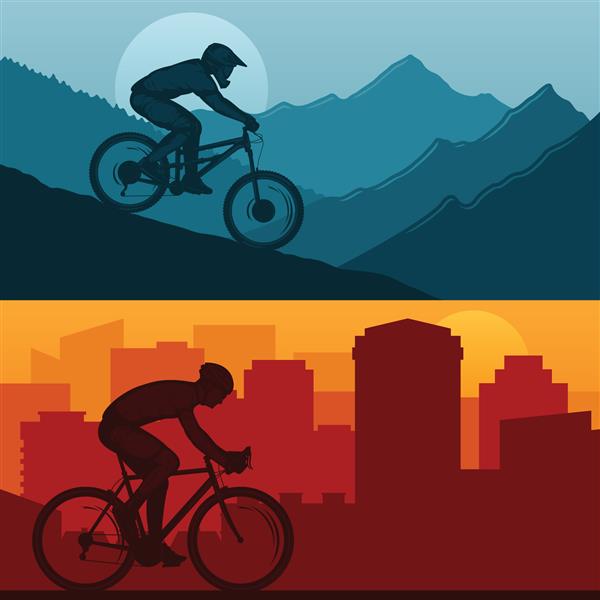 وکتور تصاویر دوچرخه سواری شهری کوهستانی و جاده ای با دوچرخه سوار و طبیعت وحشی و مناظر شهر