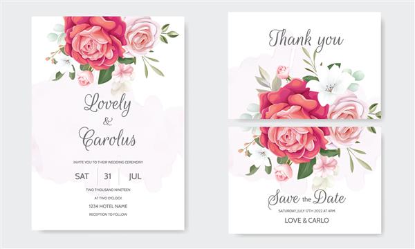 دعوتنامه عروسی گلدار زیبا با گل های رز شکوفه و برگ های سبز