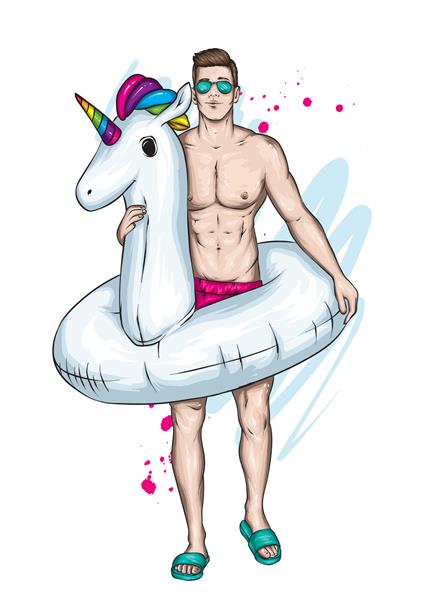 پسر خوشتیپ در تنه شنا با دایره شنا به شکل اسب شاخدار دریا تعطیلات تعطیلات تصویر برداری طرح سبک مد تنظیم