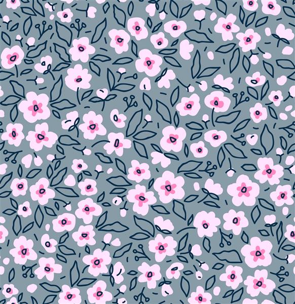 پس زمینه گل های قدیمی الگوی وکتور بدون درز برای طراحی و چاپ مد الگوی گل با گل های صورتی کوچک در زمینه خاکستری سبک دیتسی