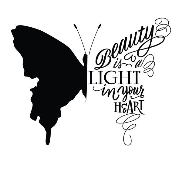 تصویر برداری - حروف دستی در شبح پروانه زیبایی نور قلب شماست - برای کارت چاپ تی شرت و پوستر طرح خط دستی خوشنویسی