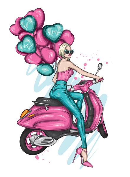 دختر زیبا سوار بر موتور سیکلت باحال دوچرخه سوار زن شیک پوش با عینک و کفش پاشنه بلند مد و استایل لباس و اکسسوری تصویر برداری برای کارت یا پوستر