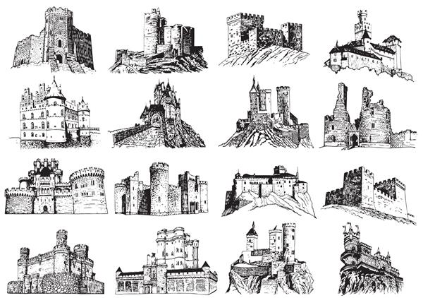 مجموعه گرافیکی از قلعه های قرون وسطایی جدا شده در پس زمینه سفید تصویر برداری