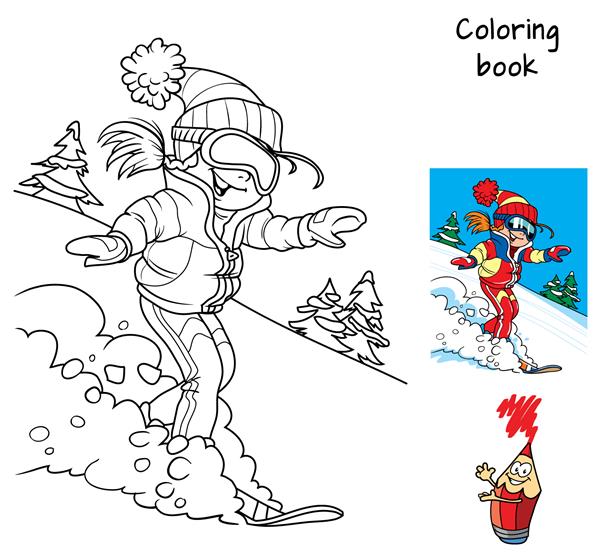 دختر کوچک شاد در حال اسنوبورد است تعطیلات زمستانی کتاب رنگ آمیزی تصویر برداری کارتونی