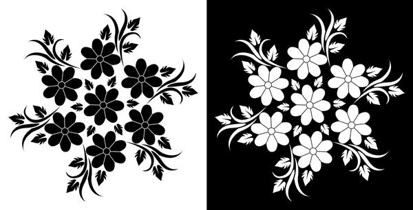 کانسپت طرح رنگولی گل احاطه شده با گلبرگ و برگ در زمینه سیاه و سفید می باشد