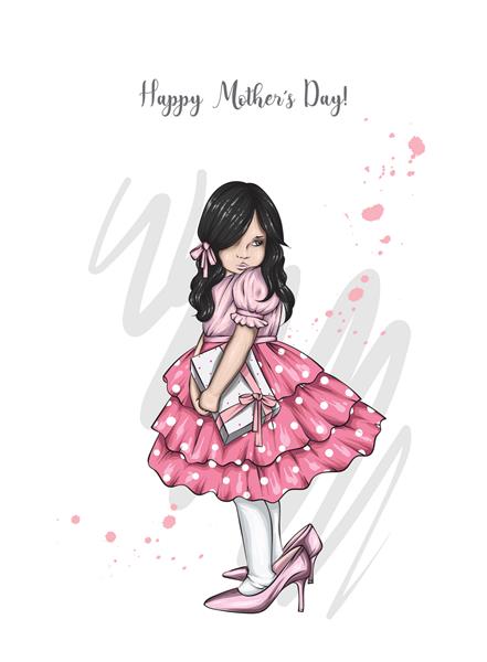 دختر کوچولوی زیبا با لباسی باشکوه و کفش های مادرانه پاشنه بلند روز ولنتاین 8 مارس روز مادر تصویر برداری برای کارت یا پوستر یه بچه ناز
