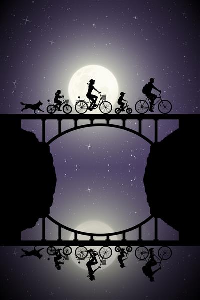 خانواده سوار بر دوچرخه روی پل در شب مهتابی تصویر برداری با سیلوئت دوچرخه سواران و سگ دونده سفر جاده ای خانوادگی ماه کامل در آسمان پرستاره