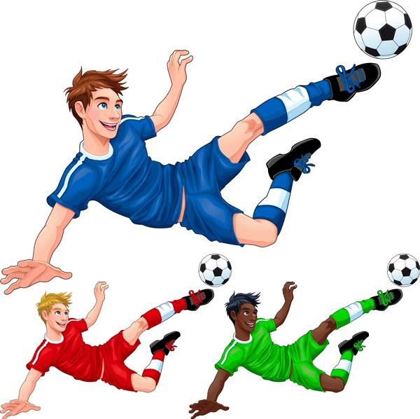 سه بازیکن فوتبال با رنگ مو پوست و لباس متفاوت وکتور شخصیت های جدا شده کارتونی