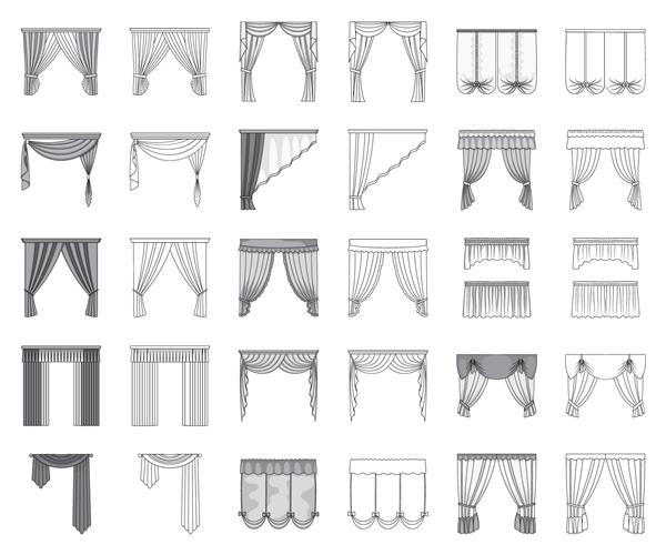 انواع مختلف پرده های تک رنگ نمادهای طرح کلی در مجموعه مجموعه برای طراحی تصویر استوک وب وکتور نماد پرده و لامبرکین