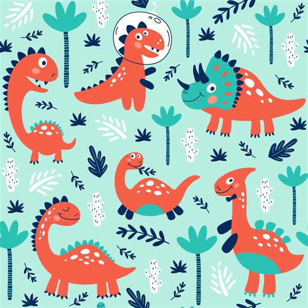 چاپ الگوی بدون درز با دایناسورهای زیبا برای کودکان تصویر برداری