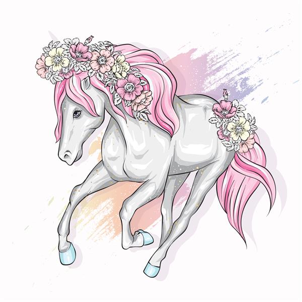 اسب زیبا با گل در یال شخصیت افسانه ای و افسانه ای اسب با یال طراحی آماده کارت پستال پوستر یا چاپ روی پارچه یا لباس بردار جادو و افسانه