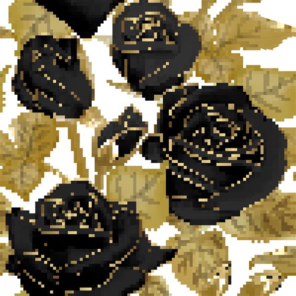 الگوی بدون درز با گل رز سیاه و برگ طلایی در زمینه سفید تصویر برداری