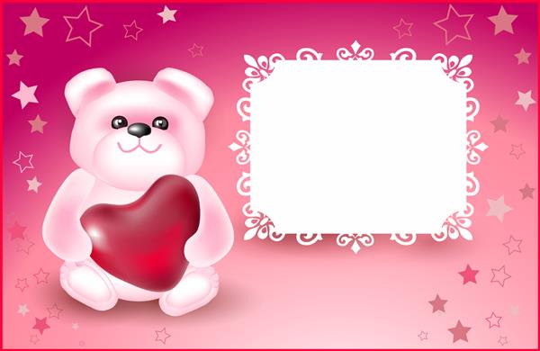 خرس عروسکی ناز با قلب قرمز کارت تبریک روز ولنتاین تصویر برداری