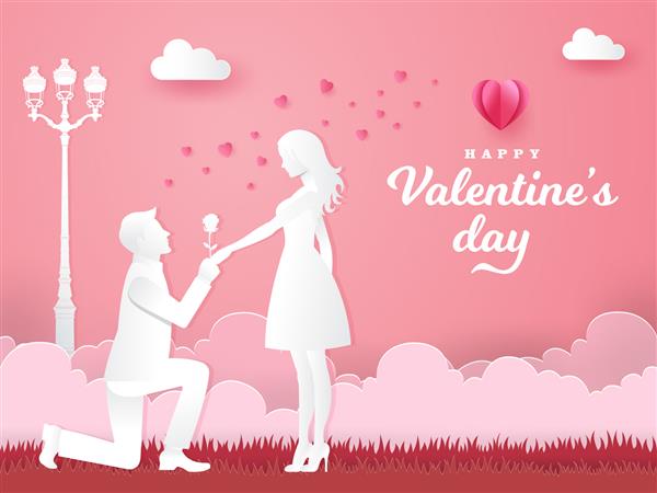 کارت تبریک روز ولنتاین مرد جوان در حال زانو زدن به دوست دخترش و دادن گل رز در پارک با قلب و زمینه صورتی تصویر برداری سبک برش کاغذ