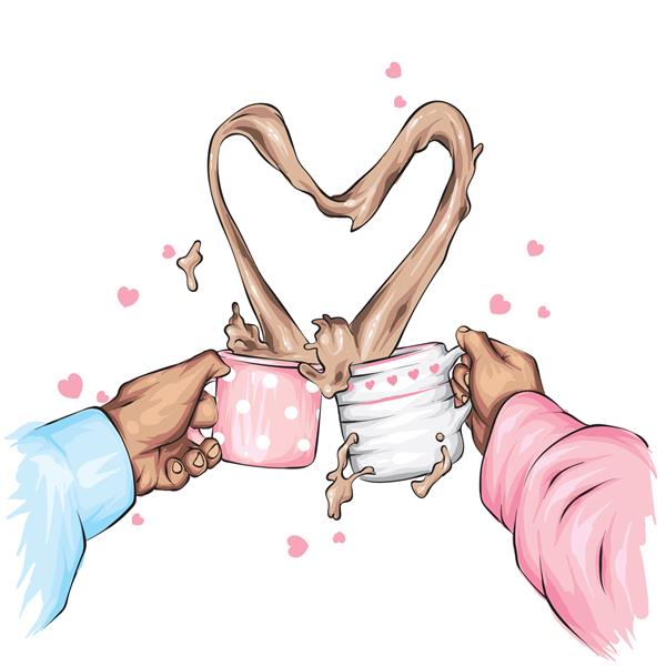 دو فنجان و یک اسپری قهوه به شکل قلب تصویر برداری عشق روز ولنتاین