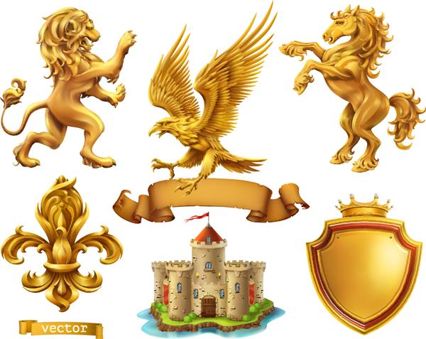 شیر اسب عقاب زنبق عناصر هرالدیک طلایی مجموعه آیکون های وکتور سه بعدی