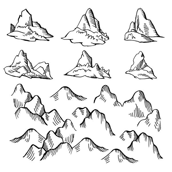 عناصر طراحی نمونه برای ساختن نقشه های فانتزی یا گنج خود شامل کوه ها می شود تقلید از نقاشی های قرون وسطی وکتور طرح دست کشیده