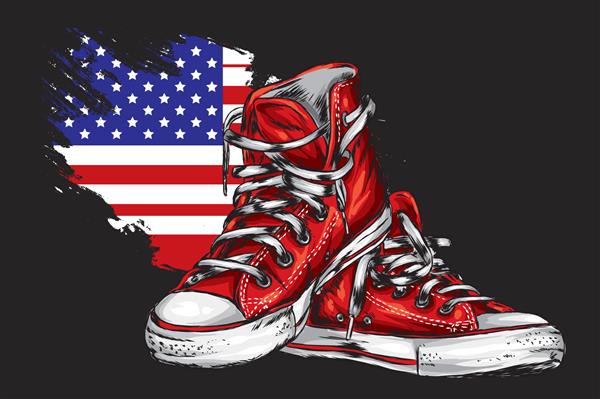 کفش های کتانی زیبا با دست طراحی شده بر روی پس زمینه پرچم ایالات متحده آمریکا تصویر برداری برای کارت یا پوستر چاپ روی لباس دست کشیده آمریکا