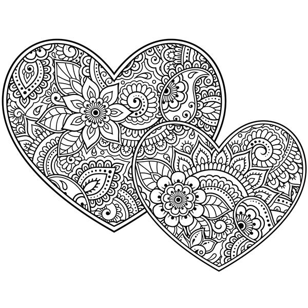 الگوی گل مهندی به شکل قلب برای طراحی و خالکوبی حنا دکوراسیون به سبک قومی شرقی هندی تبریک روز ولنتاین صفحه کتاب رنگ آمیزی