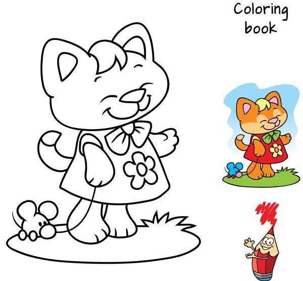 بچه گربه بامزه با موش اسباب بازی کتاب رنگ آمیزی تصویر برداری کارتونی