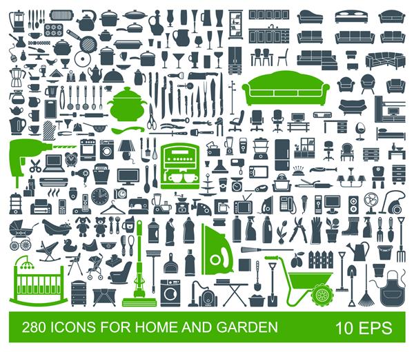 مجموعه بزرگی از آیکون های با کیفیت اقلام خانگی مبلمان وسایل آشپزخانه لوازم خانگی مراقبت از کودک باغ 280 نماد وکتور مسطح