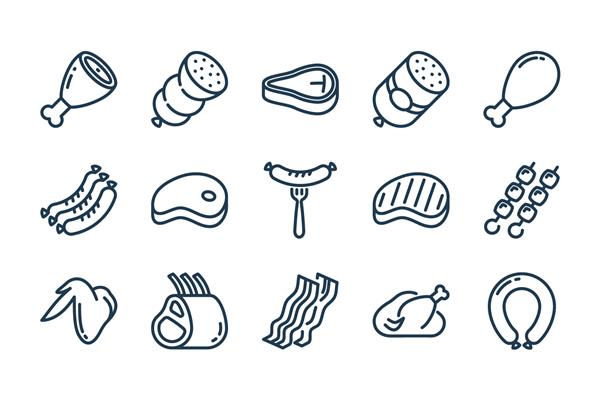 مجموعه آیکون خط مربوط به گوشت و سوسیس نمادهای طرح وکتور استیک و باربیکیو