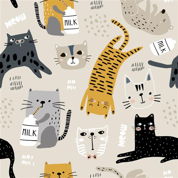 الگوی بدون درز با گربه های خنده دار مختلف و بطری شیر بافت خلاقانه کودکانه عالی برای تصویر برداری پارچه پارچه