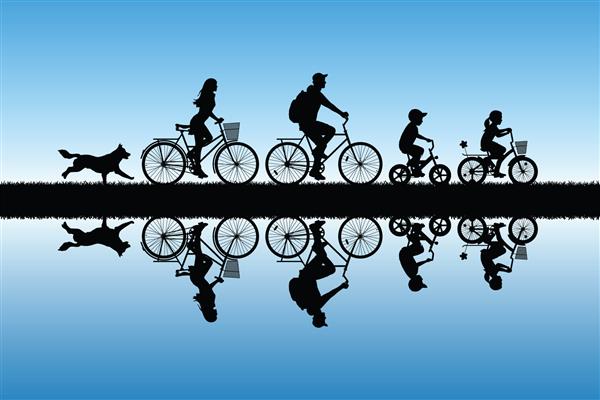 خانواده سوار بر دوچرخه در پارک استراحت فعال والدین با فرزندان تصویر برداری با سیلوئت دوچرخه سواران و سگ دونده پس زمینه پاستل آبی