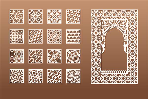 مجموعه ای از قالب های پنجره عربی و 12 پنل حریم خصوصی برای برش لیزری طراحی به سبک سنتی شرقی از طریق برش کاغذ وینیل تخته سه لا چوب