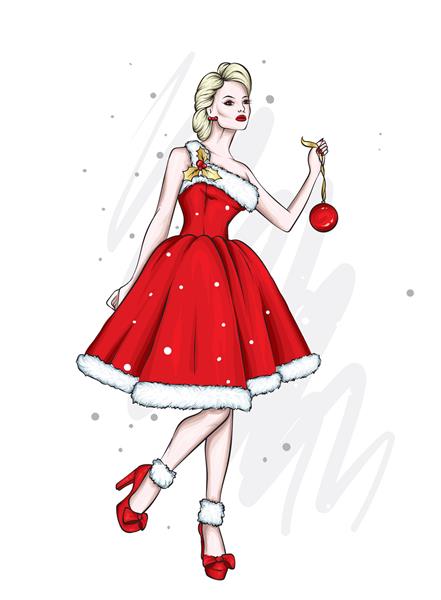 دختر زیبا با لباس شب سال نو و کریسمس درخت کریسمس و هدایا تصویر برداری برای کارت پستال یا پوستر چاپ لباس تعطیلات زمستانی