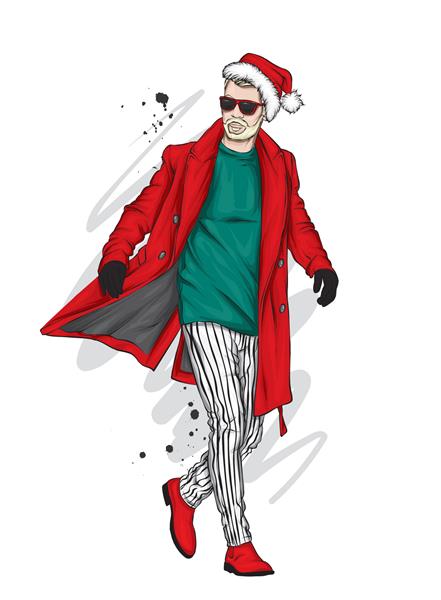 مردی خوش تیپ با کت بلند شلوار کفش و عینک ظاهر شیک تصویر برداری برای کارت پستال یا پوستر چاپ لباس سبک مد کریسمس و سال نو