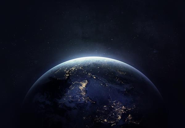 کلاژ زمین شبانه در فضای بیرونی کاغذ دیواری انتزاعی چراغ های شهر روی سیاره تمدن عناصر این تصویر توسط ناسا ارائه شده است