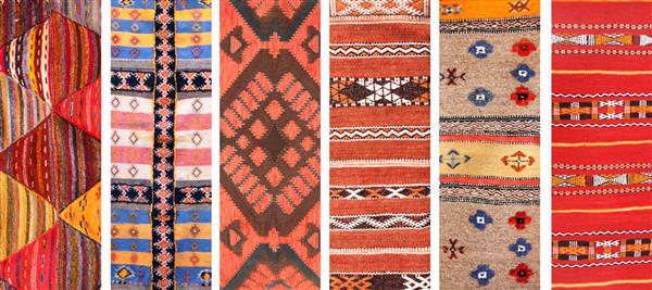 مجموعه ای از بنرها با بافت فرش پشمی سنتی بربر با طرح هندسی مراکش آفریقا