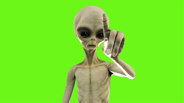 Alien دکمه روی صفحه سبز را فشار می دهد رندر سه بعدی