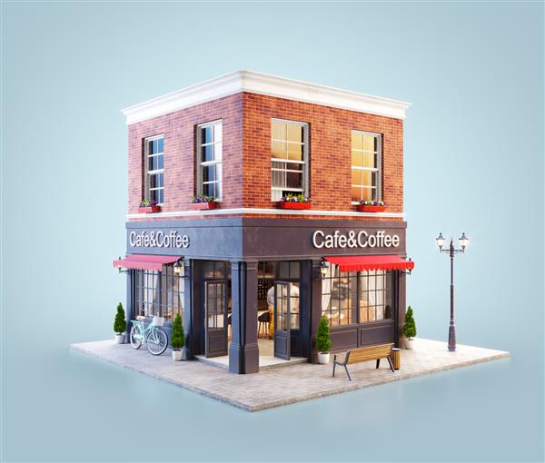 تصویر سه بعدی غیرمعمول از یک کافه دنج کافی شاپ یا ساختمان قهوه خانه با سایه بان قرمز