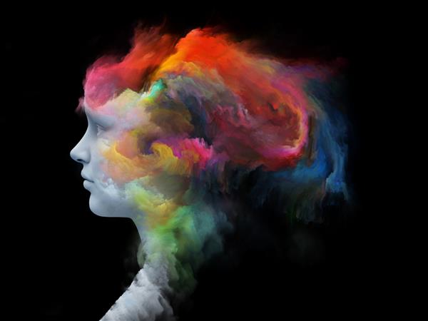 سریال Mind Fog رندر سه بعدی چهره انسان با رنگ فراکتال با موضوع دنیای درون رویاها احساسات خلاقیت تخیل و ذهن انسان