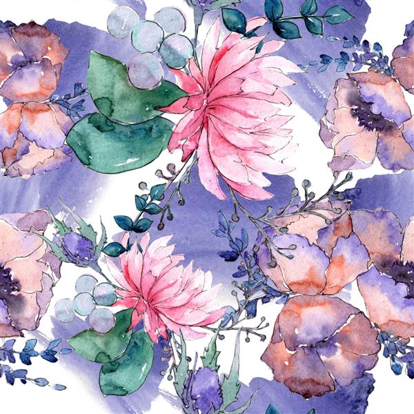 دسته گل رنگارنگ آبرنگ از گل های مخلوط گل گیاه شناسی گل الگوی پس زمینه بدون درز بافت چاپ کاغذ دیواری پارچه ای گل وحشی آکوارل برای پس زمینه بافت الگوی لفاف قاب