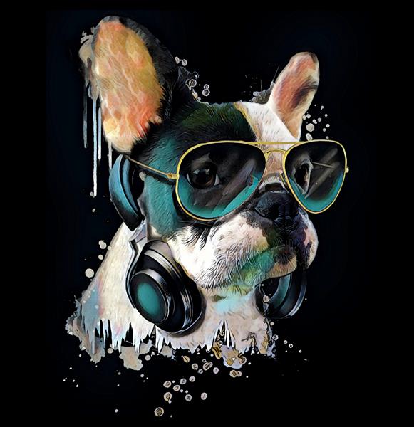 پرتره آبرنگ بولداگ فرانسوی با هدفون سگ در حال گوش دادن به موسیقی طراحی گرافیکی برای تی شرت