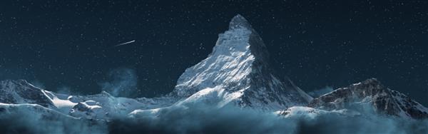 نمای پانوراما به کوه باشکوه ماترهورن در شب با ستاره تیرانداز