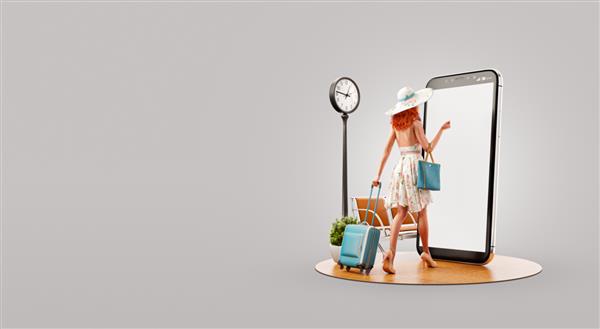 زن جوان با لباس تابستانی با چمدان سفر به صفحه گوشی هوشمند و با استفاده از برنامه تلفن هوشمند می رود مفهوم برنامه های سفر گوشی های هوشمند تصویر سه بعدی غیرمعمول