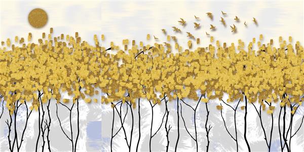 تصویر سه بعدی گله پرندگان و درختان در حال پرواز