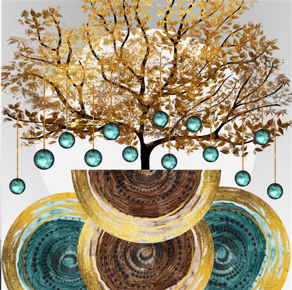 تصویر سه بعدی از درخت و توپ های آویزان نقاشی دیجیتال هنر انتزاعی مجلل برای کاغذ دیواری