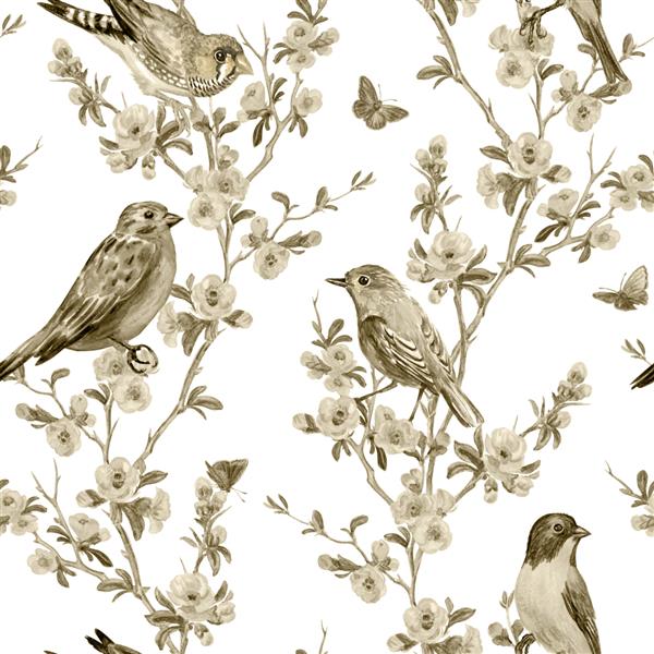 الگوی بدون درز پرندگان و شاخه های گلدار پس زمینه تک رنگ برای کاغذ دیواری چاپ برای پارچه و طرح های دیگر