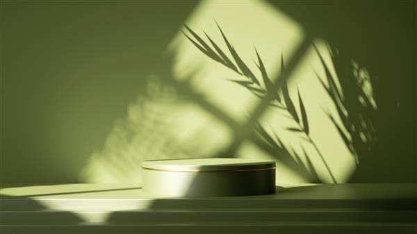 رندر سه بعدی پس زمینه سبز انتزاعی صحنه خالی با پله ها و سکوی استوانه ای سایه های برگ و نور درخشان خورشید که از پنجره می گذرد حداقل صحنه ویترین برای ارائه محصول